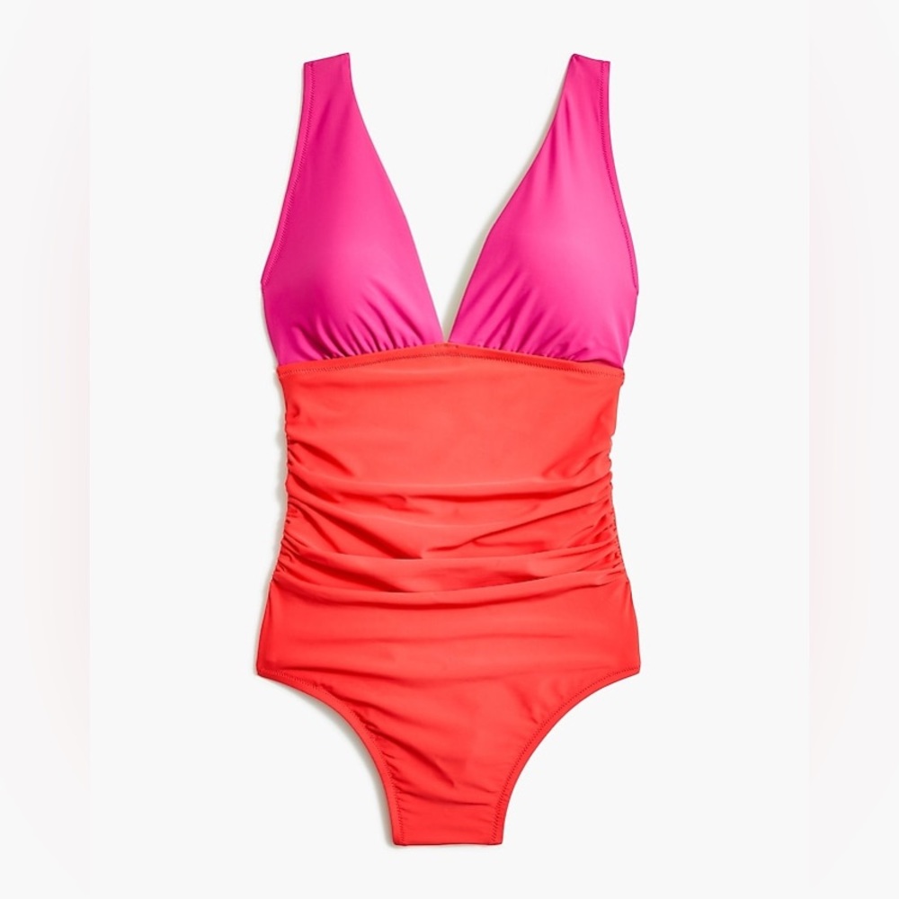V-neck ruched one-piece swimsuit Color:Soft Azalea Coral Colo Size: Small